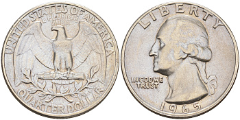 США 25 центов (квотер) 1965 Вашингтон KM 164a медь плакированная медно-никелем 190-311