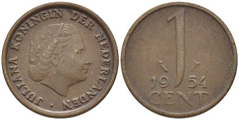 Нидерланды 1 цент 1954 Юлиана (1949-1980) KM 180 бронза 206-531