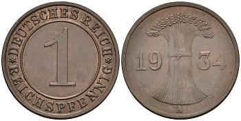 Германия 1 рейхспфенниг 1934 A KM 37, J.313, Weege 2 медь 4585-627