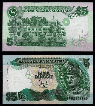 Малайзия 5 ринггит ND (1986-1991) Король Туанку Абдул Рахман,
королевский дворец, Куала-Лумпур Pick 28 c бумага UNC (пресс) 7523-9-1-2