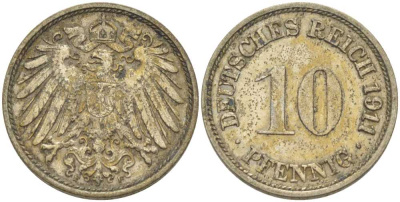 ГЕРМАНИЯ 10 ПФЕННИГОВ 1911 F KM 12, J. 13, Weege 8 медно-никель 212-153