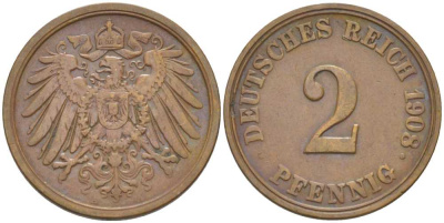 ГЕРМАНИЯ 2 ПФЕННИГА 1908 A KM 16, J. 11, Weege 4 медь 206-547