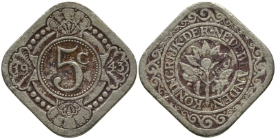 КЮРАСАО 5 ЦЕНТОВ 1943 KM 40 медно-никель 4387-826