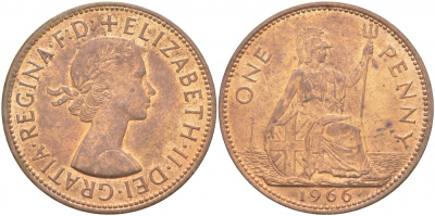 Великобритания 1 пенни 1966 Елизавета II (1952-2022) KM 897, Spink 4157 бронза 215-343