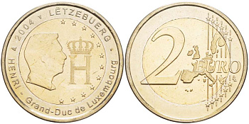 Люксембург 2 евро 2004 Портрет и монограмма герцога Люксембурга Анри Нассау KM 85 биметалл UNC 4517-645