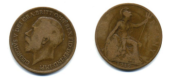 Великобритания 1 пенни 1919 Георг V (1910-1936) KM 810, Spink 4051 бронза 47-313