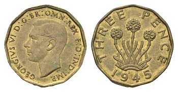 Великобритания 3 пенса 1945 Георг VI (1936-1952) KM 849, Spink 4112 никель латунь    4660-712