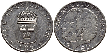 Швеция 1 крона 1990 Карл XVI Густав (1973- ) KM 852a медно-никель 4398-1246