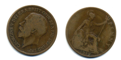 Великобритания 1 пенни 1919 Георг V (1910-1936) КМ 810, Spink 4051 бронза 47-226