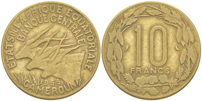 ВАЛЮТНЫЙ СОЮЗ СТРАН ЭКВАТОРИАЛЬНОЙ АФРИКИ 10 ФРАНКОВ 1965 КАМЕРУН KM 2а алюминий никель бронза 202-851