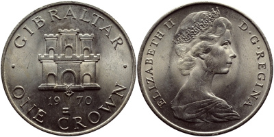 Гибралтар 1 крона 1970 Елизавета II (1952-2022), старый замок KM 4 медно-никель UNC 74-812