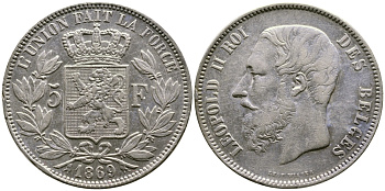 Бельгия 5 франков 1869 Леопольд II (1865-1909) KM 24  серебро 00-1067-9-61