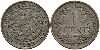 Нидерланды 1 цент 1939 Вильгельмина (1890-1948) KM 152 бронза 4576-1144