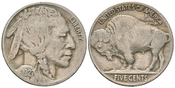 США 5 центов 1927 индеец, бизон KM 134 медно-никель 4614-1119