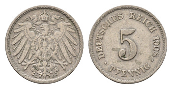 Германия 5 пфеннигов 1908 G, Вильгельм II (1888-1918) KM 11, J. 12 медно-никель 4636-166