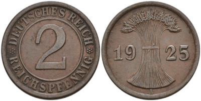Германия 2 рейхспфеннига 1925 А KM 38, J.314, Weege 4 бронза 4575-433