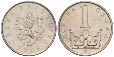 Чехия 1 крона 2008 b’ KM 7 сталь плакированная никелем aUNC 4516-356