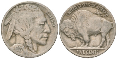 США 5 центов 1927 индеец, бизон KM 134 медно-никель 4614-1119