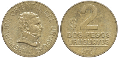 Уругвай 2 песо 2007 KM 104.2 алюминиевая бронза 4606-451
