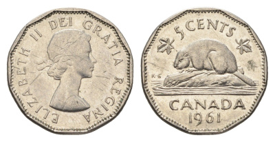 Канада 5 центов 1961 Елизавета II (1952-2022), бобр KM 50a никель 4664-625