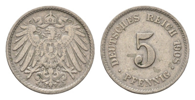 Германия 5 пфеннигов 1908 G, Вильгельм II (1888-1918) KM 11, J. 12 медно-никель 4636-166
