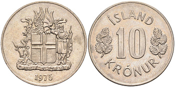 Исландия 10 крон 1975 KM 15 медно-никель UNC 4126-1012