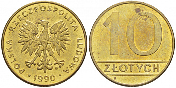 Польша 10 злотых 1990 MW, Народная Республика KM 152.2, Parchimowicz 244b латунь 4519-1025