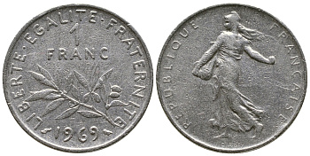 ФРАНЦИЯ 1 ФРАНК 1969 СЕЯТЕЛЬ KM 925.1 никель 93-1434