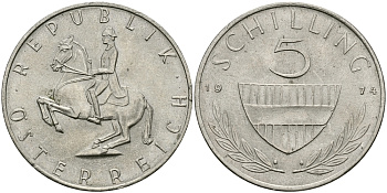 АВСТРИЯ 5 ШИЛЛИНГОВ 1974 KM 2889а медно-никель 94-525