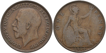 Великобритания 1 пенни 1914 Георг V (1910-1936) KM 810, Spink 4051 бронза 4144-813