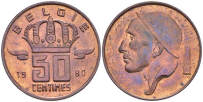 БЕЛЬГИЯ 50 САНТИМОВ 1980 BELGIE, БОДУЭН I (1951-1993) KM 149.1 бронза 214-643