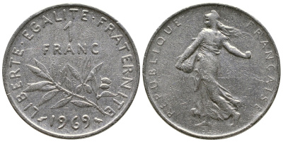 ФРАНЦИЯ 1 ФРАНК 1969 СЕЯТЕЛЬ KM 925.1 никель 93-1434