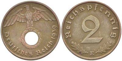 ГЕРМАНИЯ 2 РЕЙХСПФЕННИГА 1939 E KM 90, J. 362 бронза 261-1035