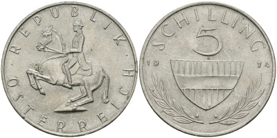АВСТРИЯ 5 ШИЛЛИНГОВ 1974 KM 2889а медно-никель 94-525