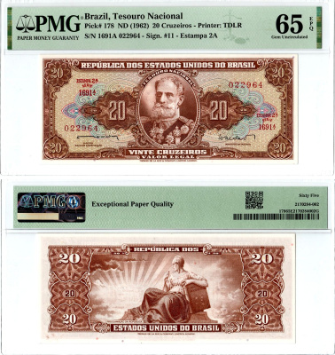 Бразилия 20 крузейро ND (1962) в слабе PMG 65 Pick 178 a бумага UNC (пресс) 452-2-113