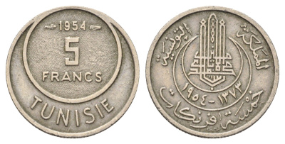 Тунис 5 франков 1954 KM 277 медно-никель 4392-251