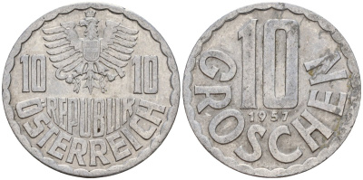 Австрия 10 грошей 1957 KM 2878 алюминий 4142-1025