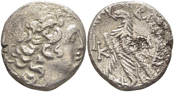 Государство Птолемеев тетрадрахма 62-61 гг. до н.э. Птолемей ХII Неос Дионис, голова царя Птолемея I в диадеме / орел, стоящий на молниях, греческая легенда 'ЦАРЯ ПТОЛЕМЕЯ', LK-20-й год правления, 14,15 гр Svoronos 1867 серебро 1073-11-96