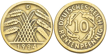 ГЕРМАНИЯ 10 РЕНТЕНПФЕННИГОВ 1924 D KM 33, J. 309, Weege 8 алюминиевая бронза 212-752