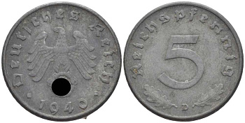 ГЕРМАНИЯ 5 РЕЙХСПФЕННИГОВ 1940 D KM 100, J. 370 цинк 105-223