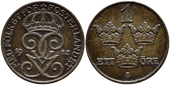 Швеция 1 эре 1913 Густав V (1907-1950) KM 777.2 бронза 4396-211