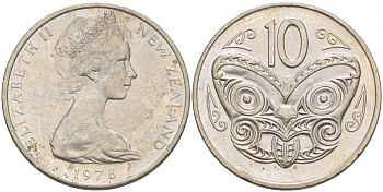Новая Зеландия 10 центов 1978 Елизавета II (1952-2022), маска маори KM 41.1 медно-никель 212-1141
