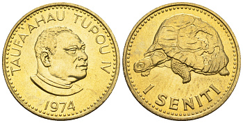 Тонга 1 сенити 1974 король Тауфа’ахау Тупоу IV (1967-2006), черепаха KM 27 a латунь  UNC  220-1058