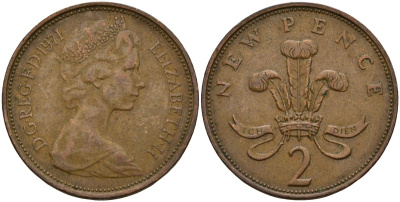 Великобритания 2 пенса 1971 Елизавета (1952-2022) KM 916, Spink 4235 (C1) бронза 4150-747