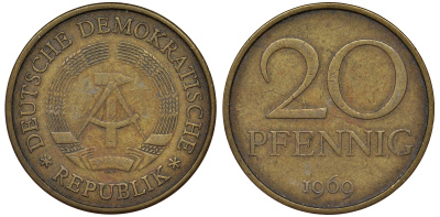 ГДР 20 пфеннигов 1969 А, первый год KM 11 латунь 62-941