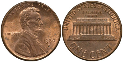 США 1 ЦЕНТ 1984 D, ЛИНКОЛЬН KM 201b цинк плакированный медью 4547-657