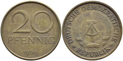 ГДР 20 пфеннигов 1969 A, первый год KM 11 латунь 261-845