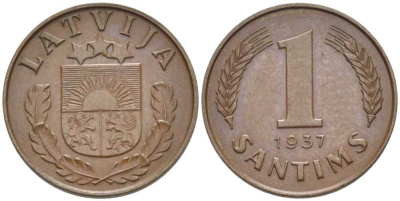 Латвия 1 сантим 1937 первая Республика (1918-1939) KM 10 бронза 116-918