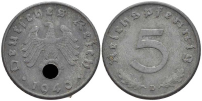 ГЕРМАНИЯ 5 РЕЙХСПФЕННИГОВ 1940 D KM 100, J. 370 цинк 105-223