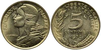 ФРАНЦИЯ 5 САНТИМОВ 1972 ТИП MARIANNE KM 933 медь алюминий никель 261-539